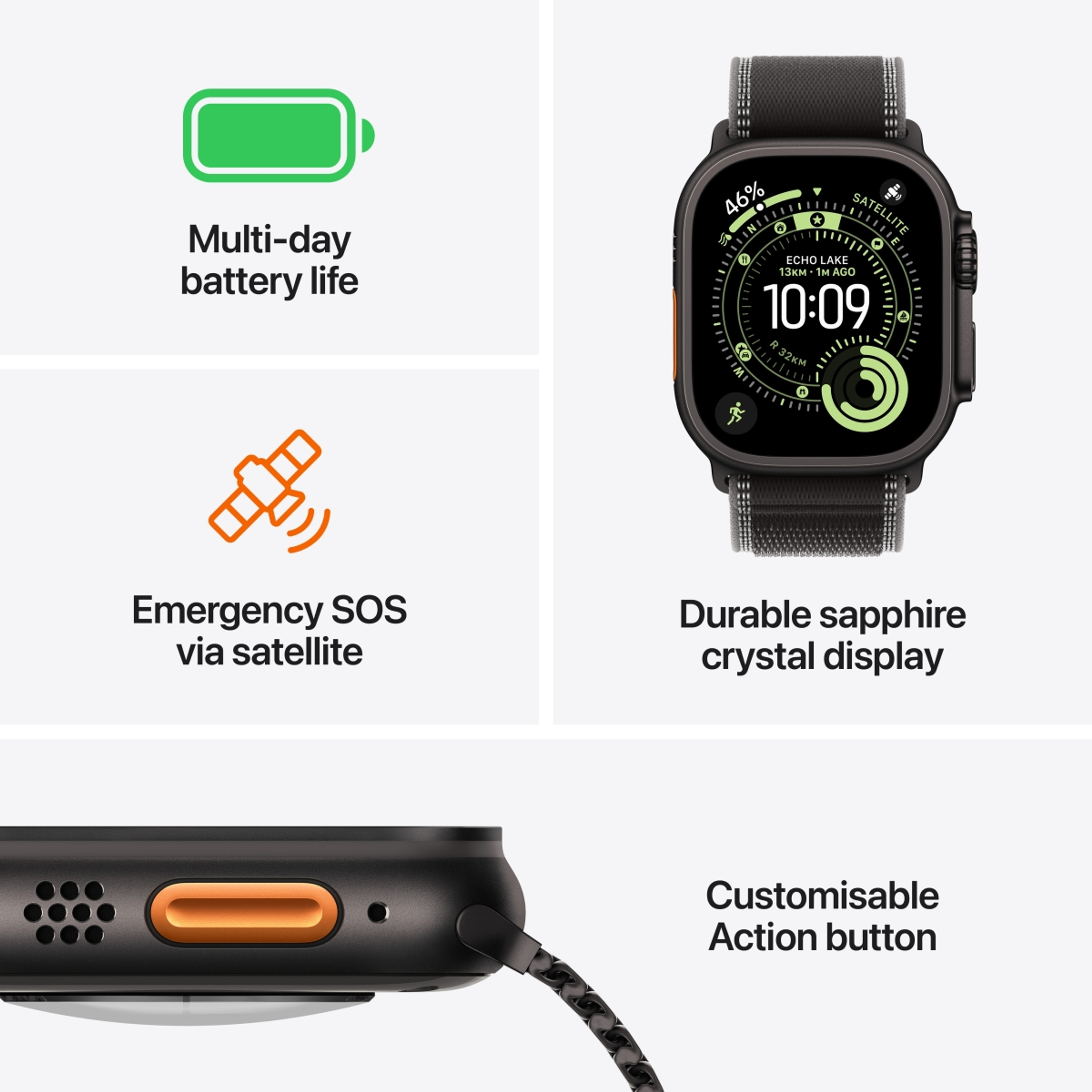 Apple Watch Ultra 3, 49mm Black Titanium Case with Black Charcoal Trail Loop