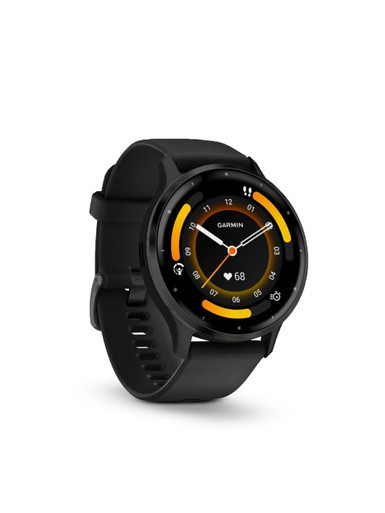 Garmin Venu® 3 Slate Stainless Steel GPS Smartwatch with Black Silicone Band Angle