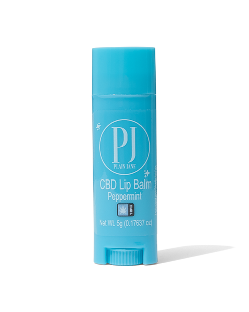 Plain Jane CBD Lip Balm – peppermint-flavored, hemp balm in a twist tube, designed to moisturize and soothe dry lips with natural ingredients