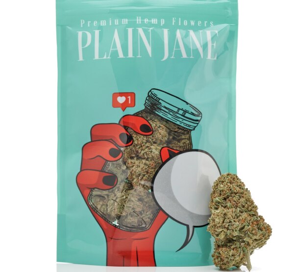 Blue Package with Red hand holding a jar of hemp flower