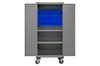 Mobile Cabinet, 16 Gauge, 36 x 24 x 81, 2 Adj Shelves, 12 Blue Bins, Flush Doors, 6 x 2 Phenolic Casters - 2 rigid, 2 swivel, Lockable, Chrome Handle With Keys, Gray