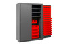 Cabinet, 16 Gauge, 48 x 24 x 72, 3 Adj Shelves, 138 Red Bins, Flush Doors w/ Louvered Panel, Lockable, Chrome Handle w/ Keys, Gray