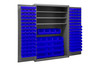 Cabinet, 16 Gauge, 48 x 24 x 72, 3 Adj Shelves, 138 Blue Bins, Flush Doors w/ Louvered Panel, Lockable, Chrome Handle w/ Keys, Gray