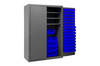 Cabinet, 16 Gauge, 48 x 24 x 72, 3 Adj Shelves, 138 Blue Bins, Flush Doors w/ Louvered Panel, Lockable, Chrome Handle w/ Keys, Gray