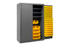 Cabinet, 16 Gauge, 48 x 24 x 72, 3 Adj Shelves, 138 Yellow Bins, Flush Doors w/ Louvered Panel, Lockable, Chrome Handle w/ Keys, Gray
