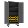 Mobile Cabinet, 14 Gauge, 36 x 24 x 81, 2 Adjustable Shelves, 12 Yellow Bins, Flush Doors, 6 x 2 Phenolic Casters - 2 rigid, 2 swivel, Lockable, Chrome Handle with Keys, Gray