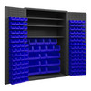 Heavy Duty Cabinet, 14 Gauge, 48 x 24 x 72, 3 Adj Shelves, 138 Blue Bins, Flush Doors w/ Louvered Panel, Lockable, Chrome Handle w/ Keys, Gray