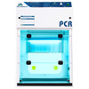 Air Science PCR Workstation 24 Wide with HEPA Filter, front view showing the white enclosure with blue-tinted glass, control panel, and HEPA filtration system for laboratory PCR procedures.