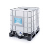 UltraTech Aveho, 250 gallon industrial chemical storage container with metal cage and base, featuring a tap for easy dispensing and a label on the front.