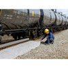 UltraTech FILTER-TEX, 30 inches wide by 250 feet long roll of textile filter fabric in a railway environment, with a worker inspecting and handling the filter material.