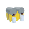 UltraTech Drum Rack, 4-Drum System with Drain, Yellow, featuring two grey drums with drainage spouts and two white buckets for liquid collection.