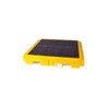 UltraTech Spill Pallet P4 Plus, With Drain, Yellow - A sturdy yellow spill containment pallet with a black perforated surface and drain, designed for industrial liquid management.