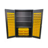 Valley Craft Access Control Steel Storage Cabinet, 48"W x 24"D x 78"H, featuring louvered door panels, half louvered back, (126) bin capacity, (3) adjustable shelves, 14-gauge heavy-duty construction, and a commercial parts organizer with yellow plastic bins.