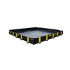 Justrite Rigid-Lock QuickBerm All-In-One 8' x 10' x 12" Drive-Over Spill Containment Berm, 595 Gallon, Black, for Vehicle Access Oil & Chemical Spill Control, with a sturdy black and yellow striped all-weather protective design.