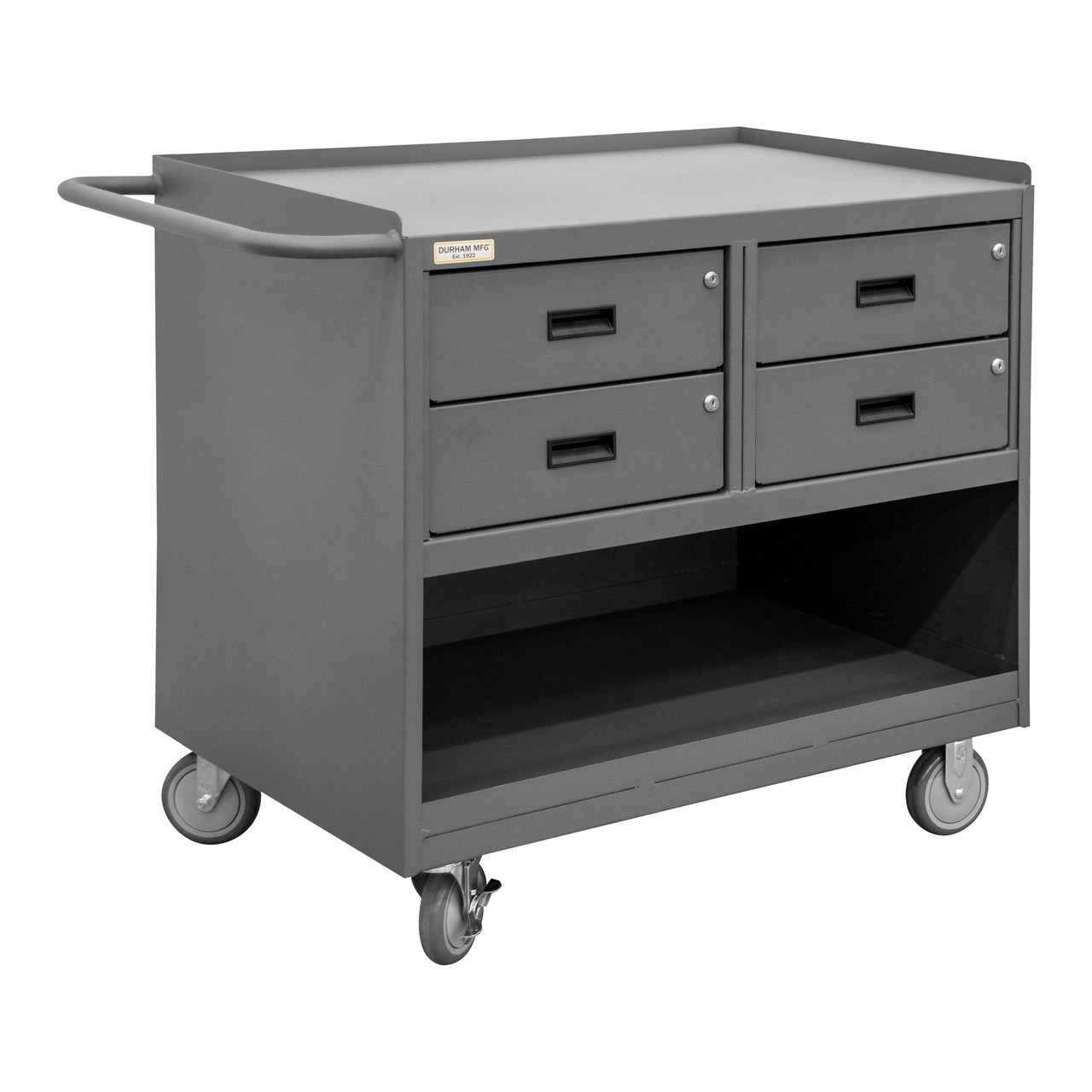 Mobile Bench Cabinet With 5" x 1-1/4" Polyurethane Casters, (2) Rigid, (2) Swivel, 1 Shelf, 4 Drawers, Steel Top Work Surface With Top Lip Down, Tubular Push Handle, Gray