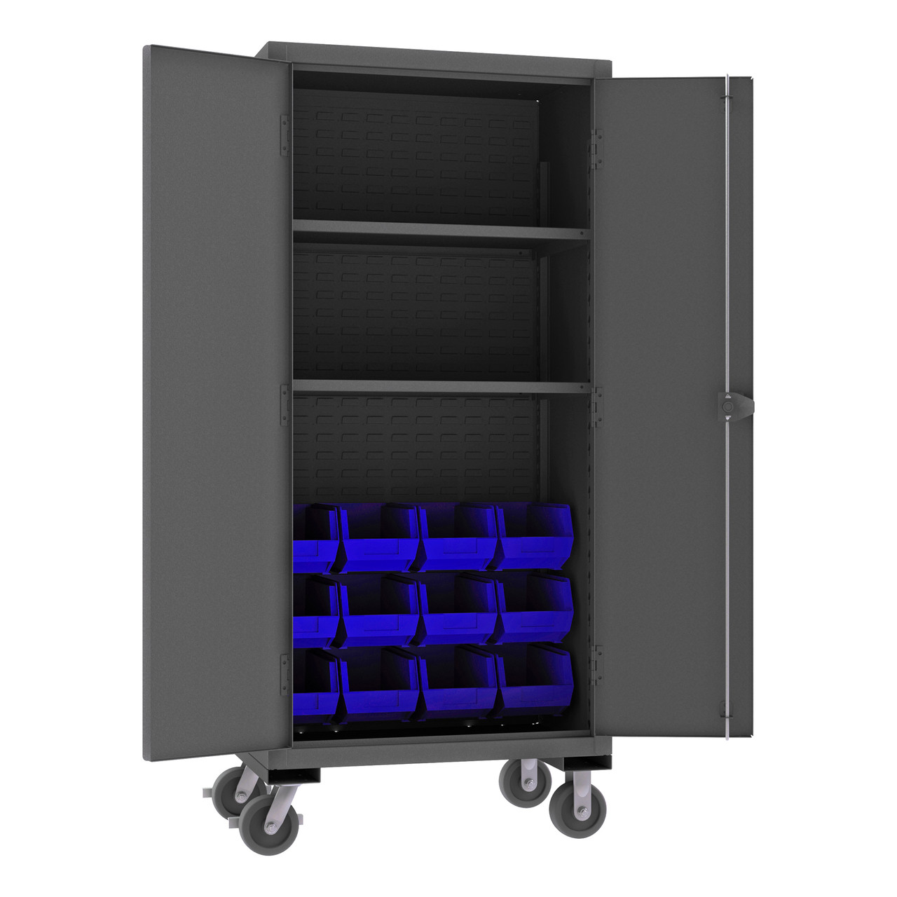 Mobile Cabinet, 14 Gauge, 36 x 24 x 81, 2 Adjustable Shelves, 12 Blue Bins, Flush Doors, 6 x 2 Phenolic Casters - 2 rigid, 2 swivel, Lockable, Chrome Handle With Keys, Gray