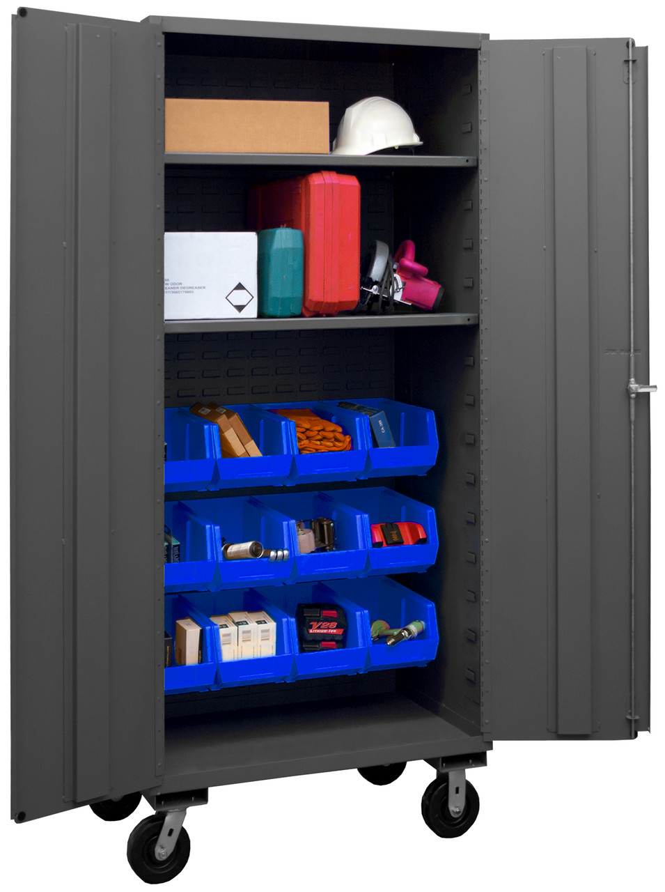 Mobile Cabinet, 14 Gauge, 36 x 24 x 81, 2 Adjustable Shelves, 12 Blue Bins, Flush Doors, 6 x 2 Phenolic Casters - 2 rigid, 2 swivel, Lockable, Chrome Handle With Keys, Gray