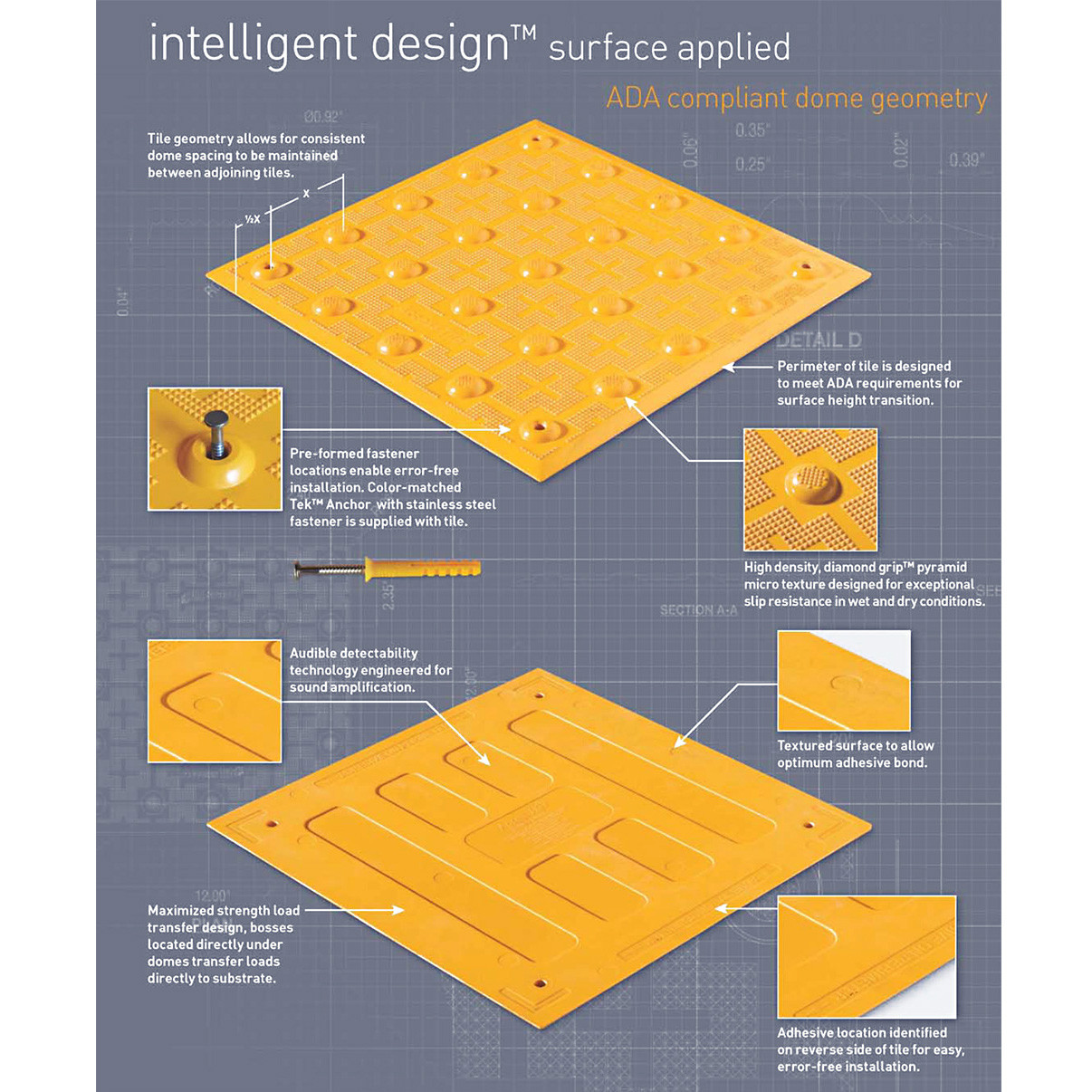 ADA Tile, 1 x 1 Detectable Warning Mat, Retrofit Model