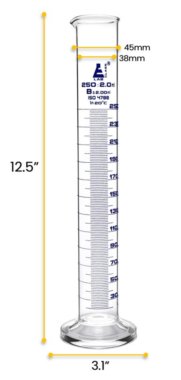 Graduated Cylinder 250ml Class B Tolerance 200ml Round Base Blue Ink Borosilicate 33 Glass 8462