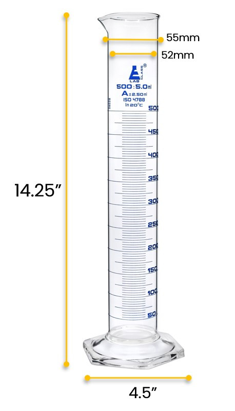 Graduated Cylinder, 500mL, Class A Tolerance +/2.50mL, Hex Base, Blue