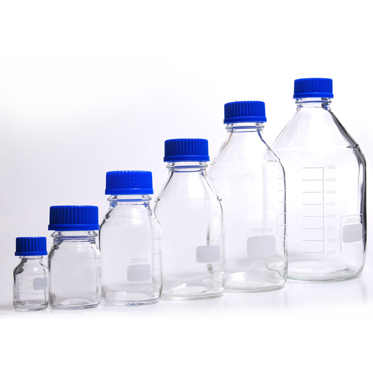 Borosilicate Glass Media Bottles, 50 ml, GL-32, Blue Caps, Schott, case/10