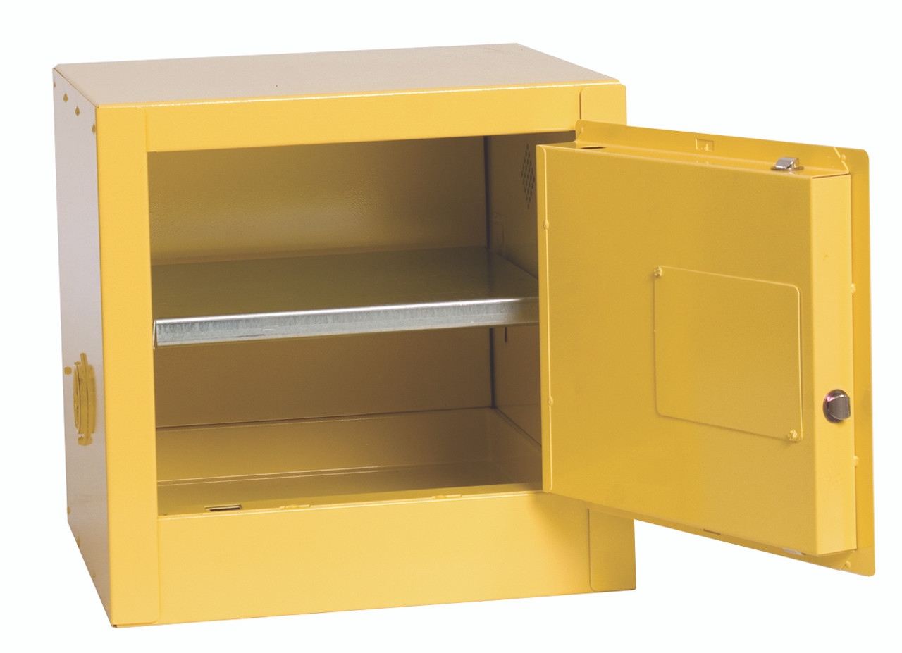 Eagle® Bench Top Flammable Liquid Safety Cabinet, 2 Gal., 1 Shelf, 1 Door, Manual Close, Yellow