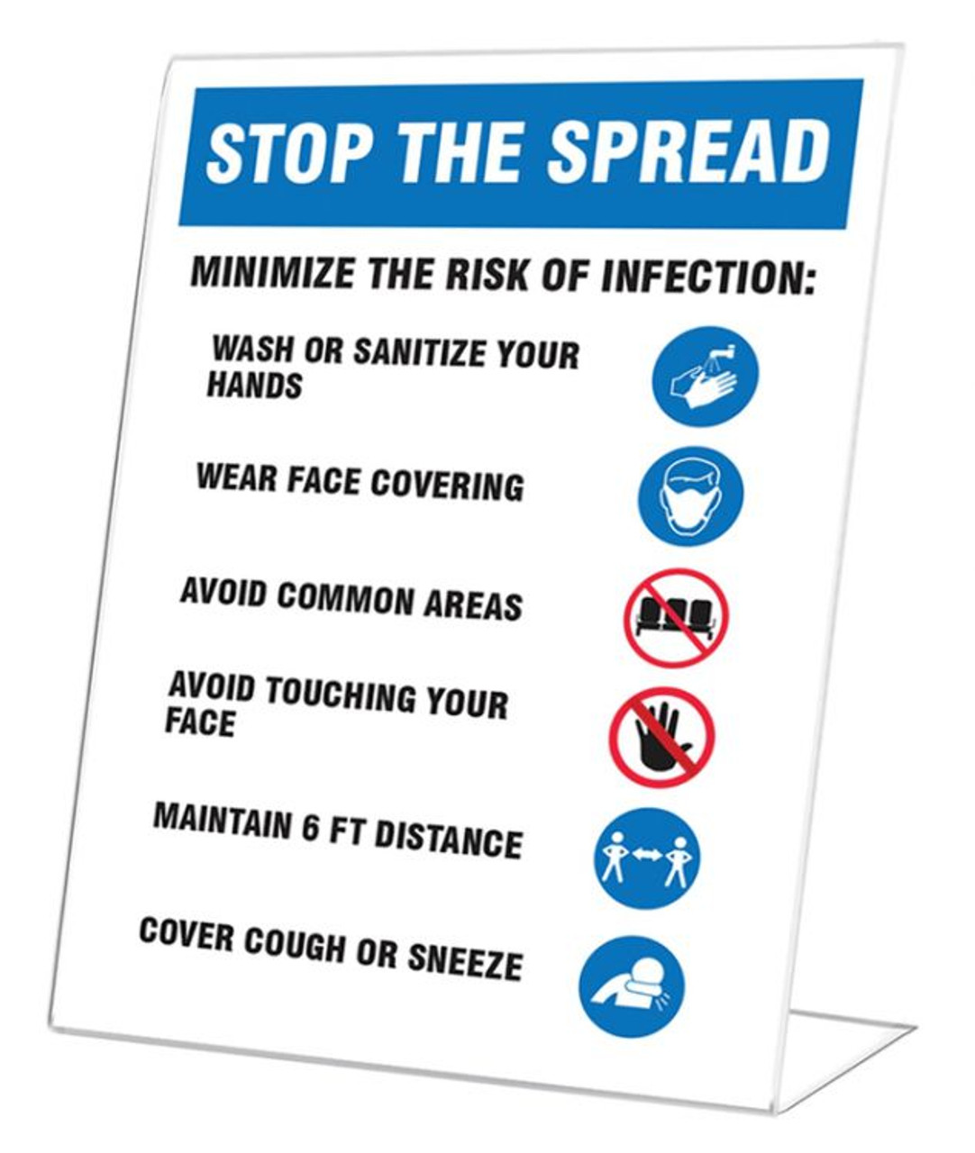 Countertop Signs, Stop The Spread: Minimize Infection, Wash Hands, Wear Mask, Avoid Common Areas, 10" x 7", Each