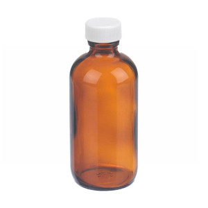 Wheaton® 4oz Amber Glass Boston Round Bottles, PTFE Liner, case/24