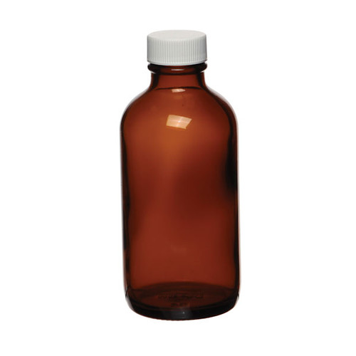 Certified Clean 8oz Amber Glass Boston Round Bottles, PTFE Lined Caps, case/12