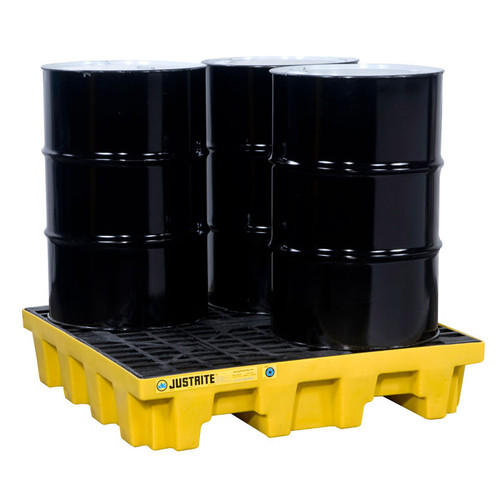 Justrite® EcoPolyBlend Spill Control Pallet with Drain, 4 Drum Square, Recycled Polyethylene, Yellow