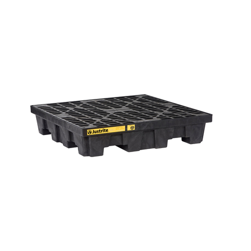 Justrite® EcoPolyBlend Spill Control Pallet with Drain, 4 Drum Square, Recycled Polyethylene, Black