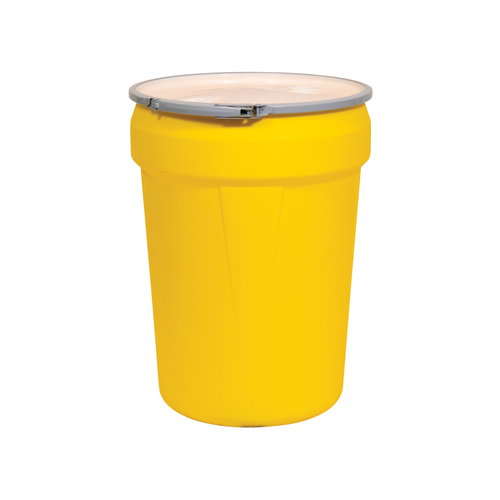 Eagle® 30 Gallon Drum, Metal Lever-Lock, Lab Pack Open Head Plastic Barrel Drum with 2x2" Bung Holes, Yellow