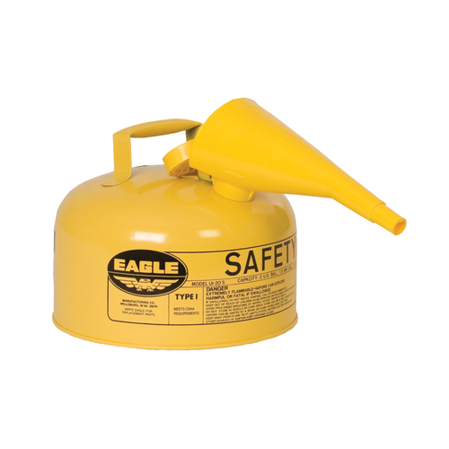 Eagle® 2 Gallon Steel Safety Can For Diesel, Type I, Flame Arrester, Funnel, Yellow