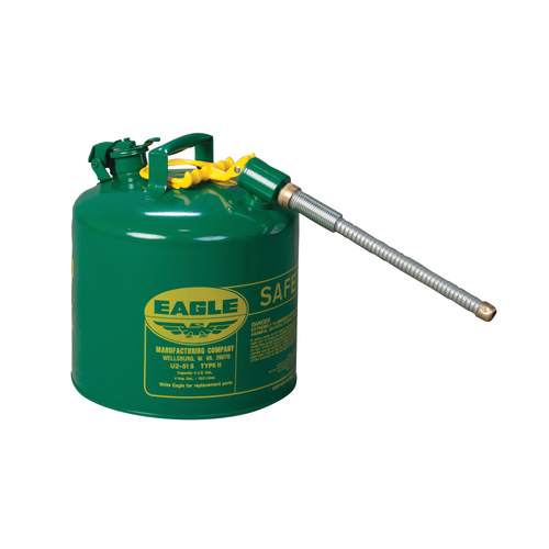 Eagle® 5 Gallon, 5/8" Metal Hose, Steel Safety Can For Combustibles, Type II, Green