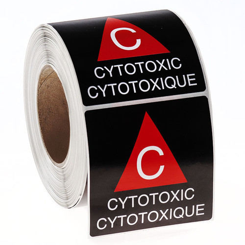 Warning Labels - CYTOTOXIC, Red/ White On Black, 4" x 4", 500 labels/ roll