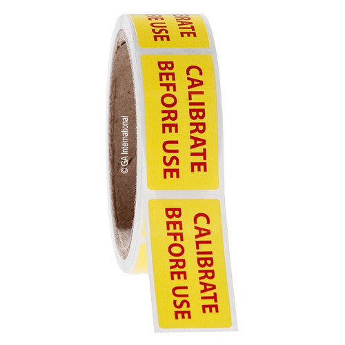 Warning Labels - Calibrate Before Use, Red On Yellow, 1" x 2", 500 labels/ roll