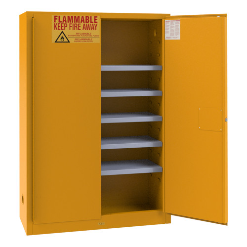 FM Approved, Flammable Storage Cabinet, 60 Gallon Paint, Ink Storage, 2 Doors, Manual Close, 5 Shelves, Safety Yellow