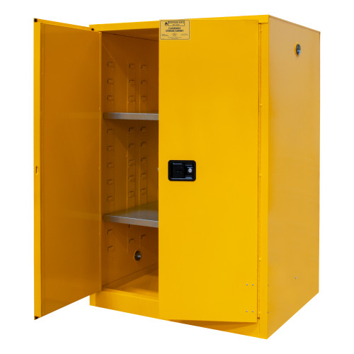 FM Approved, Flammable Storage Cabinet, 90 Gallon, 2 Doors, Manual Close, 2 Shelves, Safety Yellow