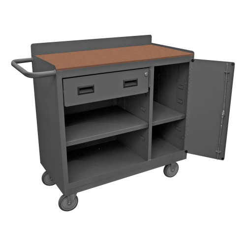 Mobile Bench Cabinet w/ 5" x 1-1/4" Polyurethane Casters, (2) Rigid, (2) Swivel, Tempered Hard Board Top, 1 Fixed Shelf, 1 Adjustable In Compartment Mobile Bench Cabinet w/ 5" x 1-1/4" Polyurethane Casters, (2) Rigid, (2) Swivel, Tempered Hard Board Top, 1 Fixed Shelf, 1 Adjustable In Compartment