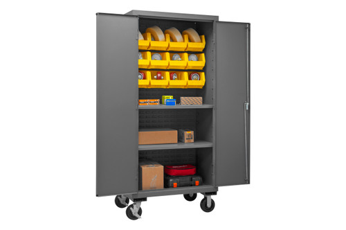 Mobile Cabinet, 16 Gauge, 36 x 24 x 81, 2 Adj Shelves, 12 Yellow Bins, Flush Doors, 6 x 2 Phenolic Casters - 2 rigid, 2 swivel, Lockable, Chrome Handle