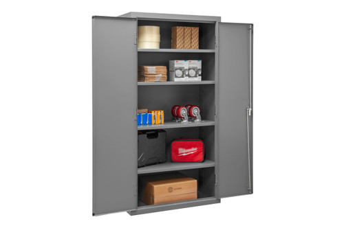 Cabinet, 16 Gauge, 36 x 18 x 72, 4 Adj Shelves, Flush Doors, Lockable, Chrome Handle w/ Keys, Gray Cabinet, 16 Gauge, 36 x 18 x 72, 4 Adj Shelves, Flush Doors, Lockable, Chrome Handle w/ Keys, Gray