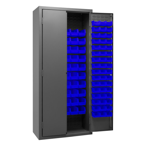 Cabinet, 16 Gauge, 36 x 18 x 84, 156 Blue Bins, Flush Doors w/ Louvered Panel, Lockable, Chrome Handle w/ Keys, Gray