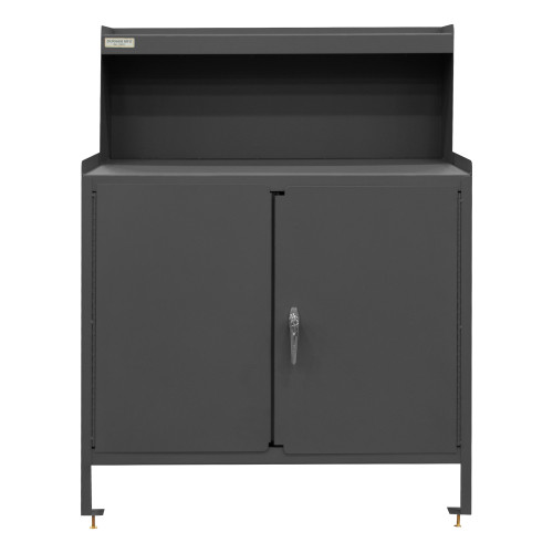 Stationary Workstation w/ Riser, 1 Shelf, 2 Doors, Leveling Feet, Gray