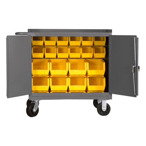 Mobile Bench Cabinet w/ 6" x 2" Phenolic Bolt-On Casters, (2) Rigid, (2) Swivel, Steel Top Work Surface w/ Back, End Stops, 20 Yellow Hook-On-Bins