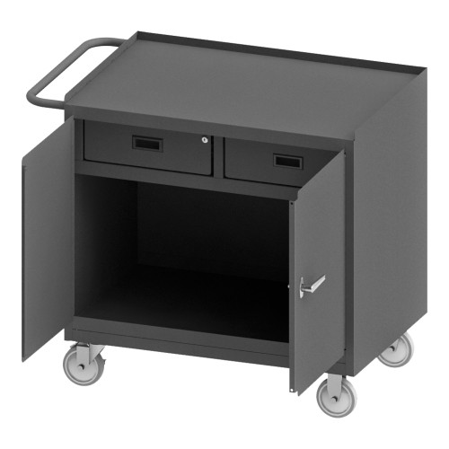 Mobile Bench Cabinet With 5" x 1-1/4" Polyurethane Casters, (2) Rigid, (2) Swivel, Steel Top Work Surface With Tubular Push Handle, Gray