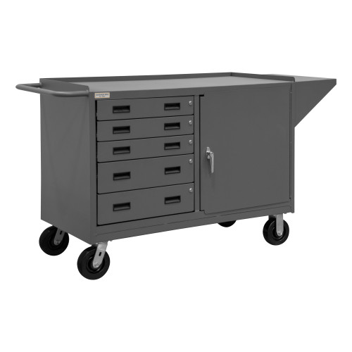 Mobile Bench Cabinet w/ 6" x 2" Phenolic Bolt-On Casters, (2) Rigid, (2) Swivel, 1 Shelf, 1 Door In Storage Area, 5 Drawers