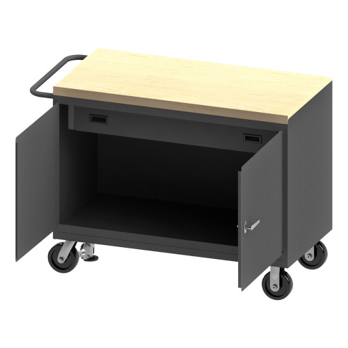 Mobile Bench Cabinet w/ 6" x 2" Phenolic Casters, (2) Rigid, (2) Swivel, 1 Shelf, 1 Drawer, 2 Doors, Maple Top