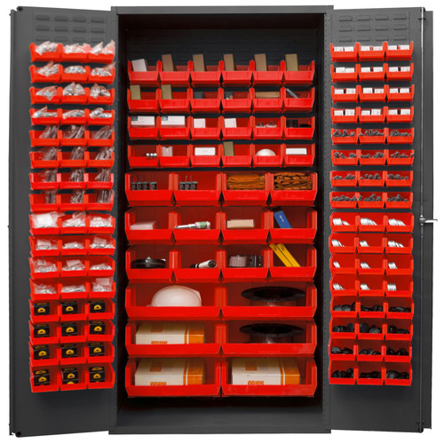 Heavy Duty Cabinet, 14 Gauge, 36 x 24 x 84, 138 Red Bins, Flush Doors w/ Louvered Panel, Lockable, Chrome Handle w/ Keys, Gray