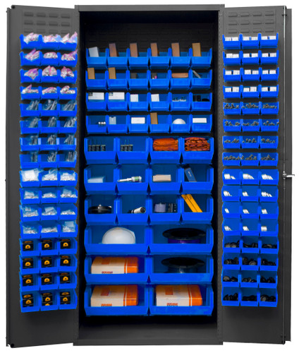Heavy Duty Cabinet, 14 Gauge, 36 x 24 x 84, 138 Blue Bins, Flush Doors w/ Louvered Panel, Lockable, Chrome Handle w/ Keys, Gray