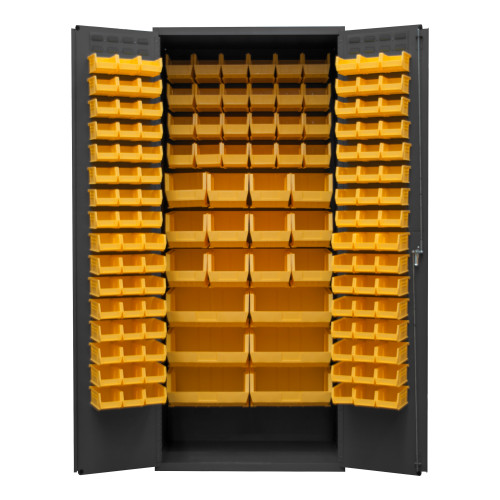 Heavy Duty Cabinet, 14 Gauge, 36 x 24 x 84, 138 Yellow Bins, Flush Doors w/ Louvered Panel, Lockable, Chrome Handle w/ Keys, Gray